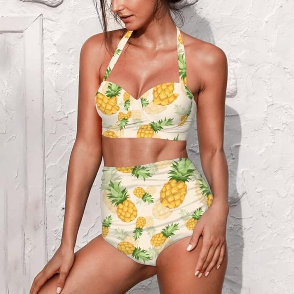 Butterfly Women's Retro Ruched Ruffle High Waist Bikini Set